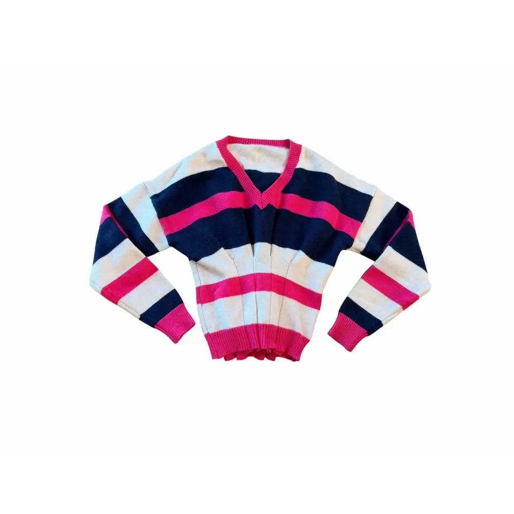 Vanake Striped V-Neck Sweater – Pink & Navy Blue – Size Medium - Picture 2 of 5